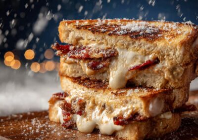 Cinnamon grill cheese with cinnamon butter, white cheddar, provolone and bacon