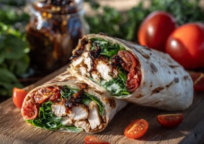 Spring Harvest Wrap with Chicken, balsamic glaze, feta, and roasted tomatoes
