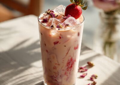 Strawberry latte with rose cold foam and strawberry sprinkles