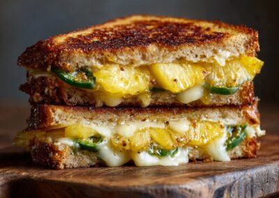 Pineapple jalapeno jam with pineapple slices, mozzarella and gouda.