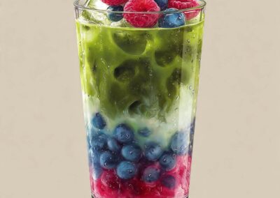 Layered iced blackberry matcha latte with red berry puree, white milk layer with blackberries, and fresh raspberries.