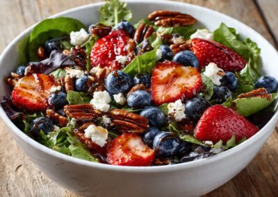 Berry pecan spinach salad in a white bowl with strawberries, blueberries, goat cheese crumbles, and balsamic dressing.