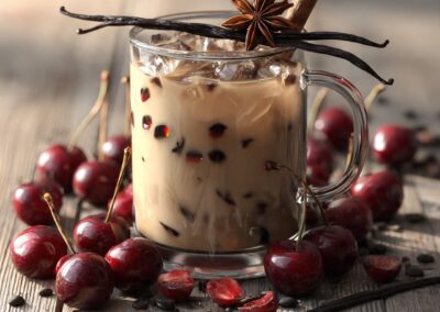 Iced cherry chai latte with fresh cherries, garnished with a cinnamon stick, star anise, and vanilla bean pods