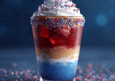 Layered red, white, and blue patriotic iced latte topped with whipped cream and festive sprinkles
