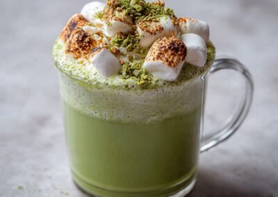 A marshmallow-flavored matcha topped with marshmallows